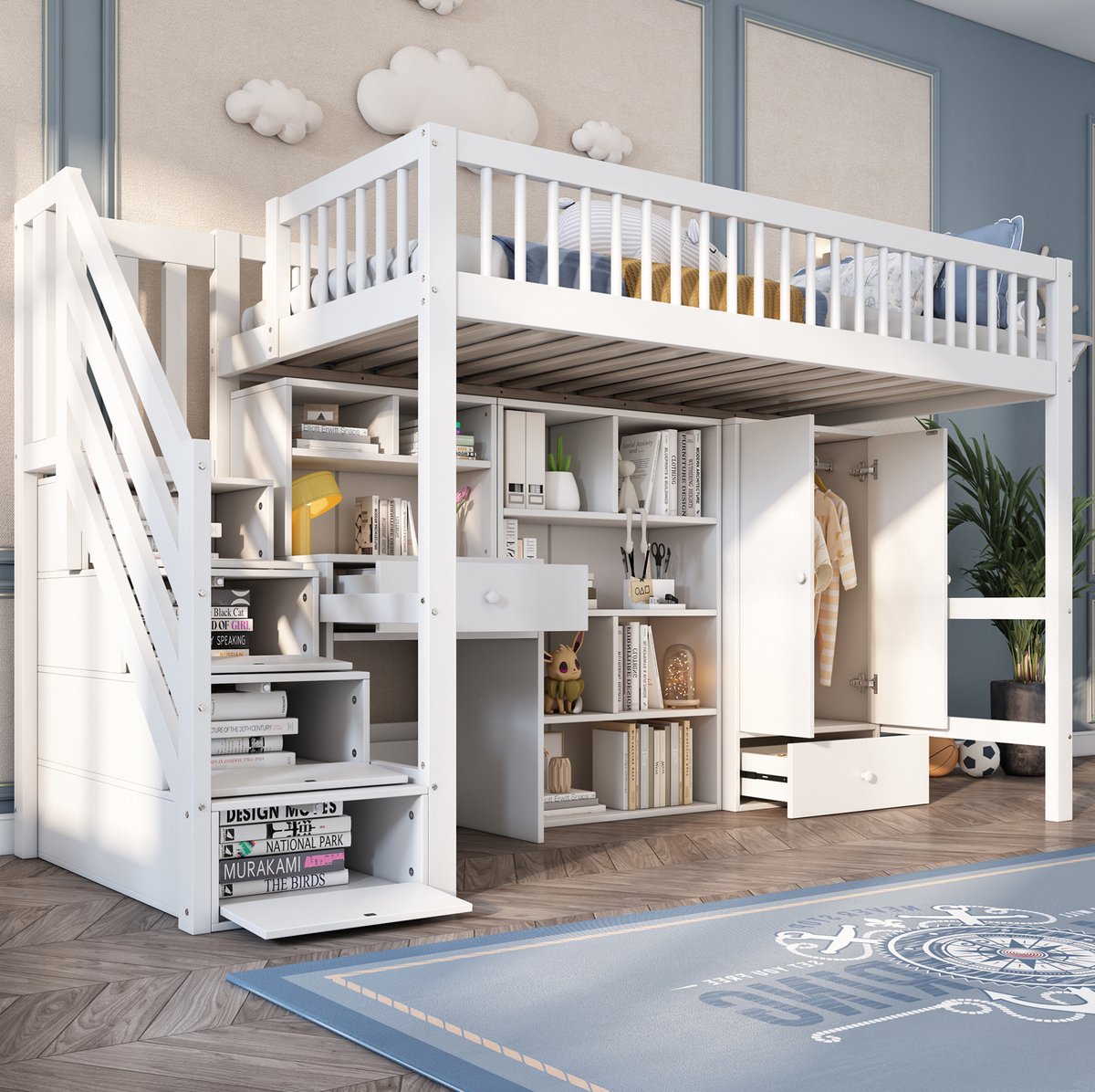 COVREO Kinderbed hoogslaper 90x200 cm - met bureau, trap, opbergruimte en kast, wit