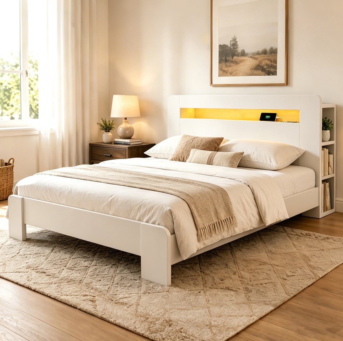 COVREO bed 140 x 200 cm - wit houten bedframe met opbergruimte, LED en stopcontacten