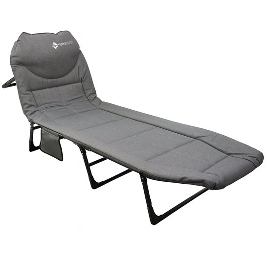 Eurocatch Opvouwbare Karper Bedchair Grijs - Verstelbare Rugleuning 5 Standen - 4 Steunpoten - Gevoerd Hoofdkussen - Zijvak - Compact Karper Bed - 195x65x27 cm