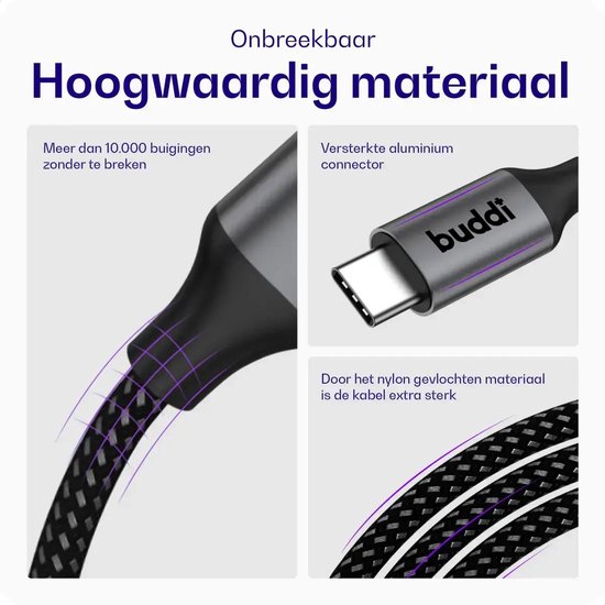 Gedetailleerde afbeeldingen van de hoogwaardige materialen van de Buddie kabel.