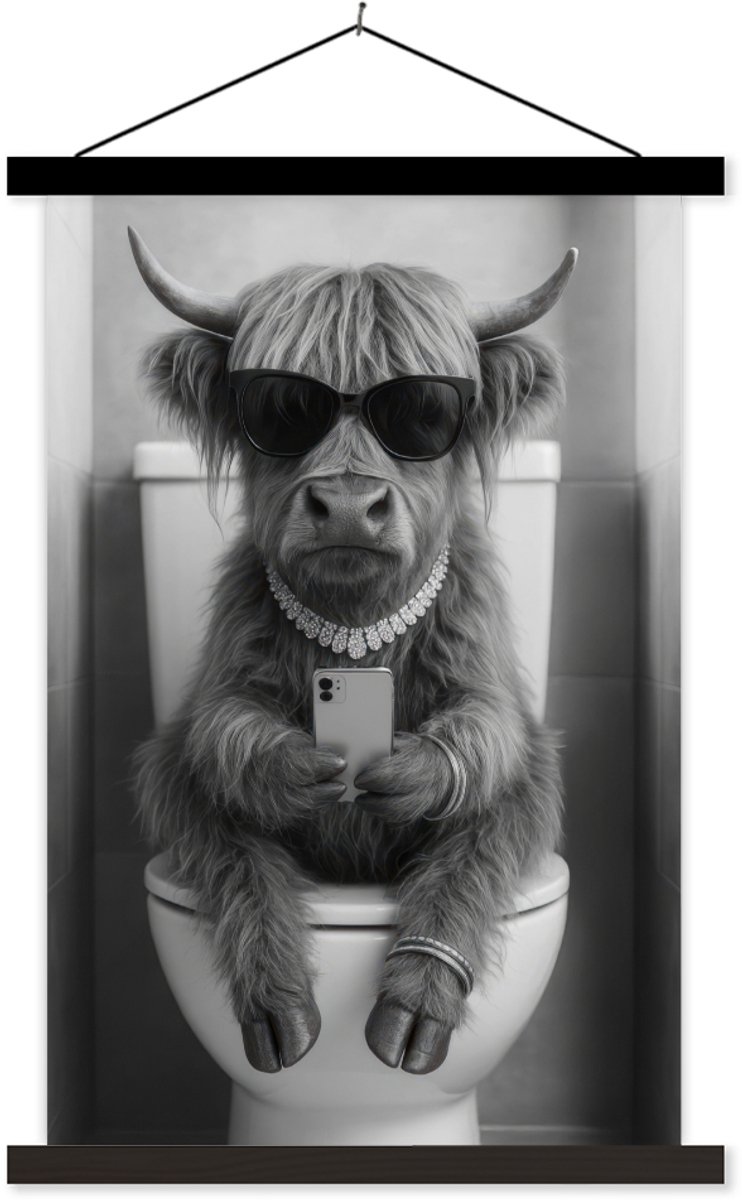 Posterhanger incl. Poster 120x180 cm - Schoolplaat - Stier - Telefoon - Toilet - Zwart - W