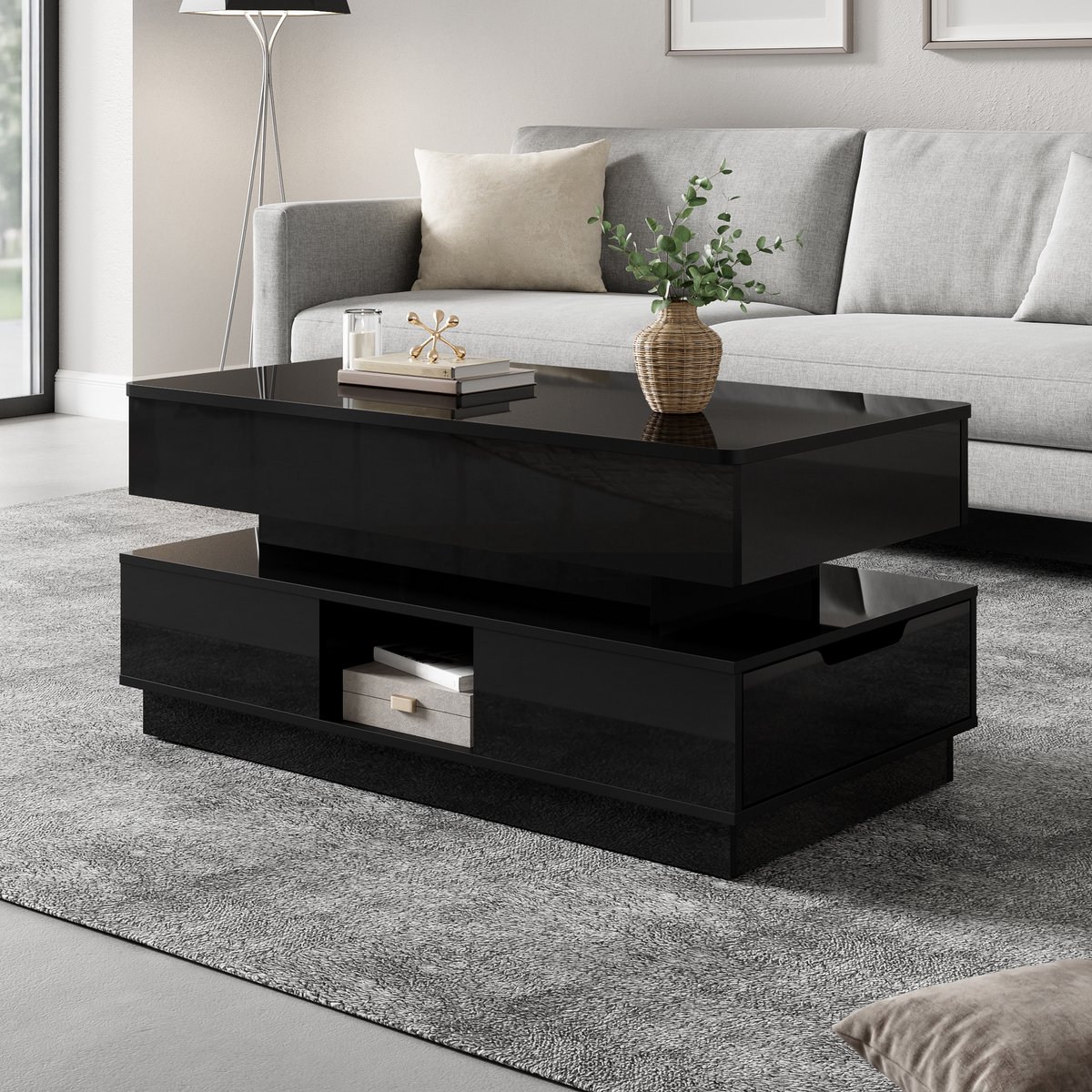 STILVORA Salontafel - Hoogglans Met Verstelbaar Tafelblad, Led En Stopcontact - Met Opbergruimte Voor Woonkamer - MDF - 90x48x42,5 Cm - Zwart