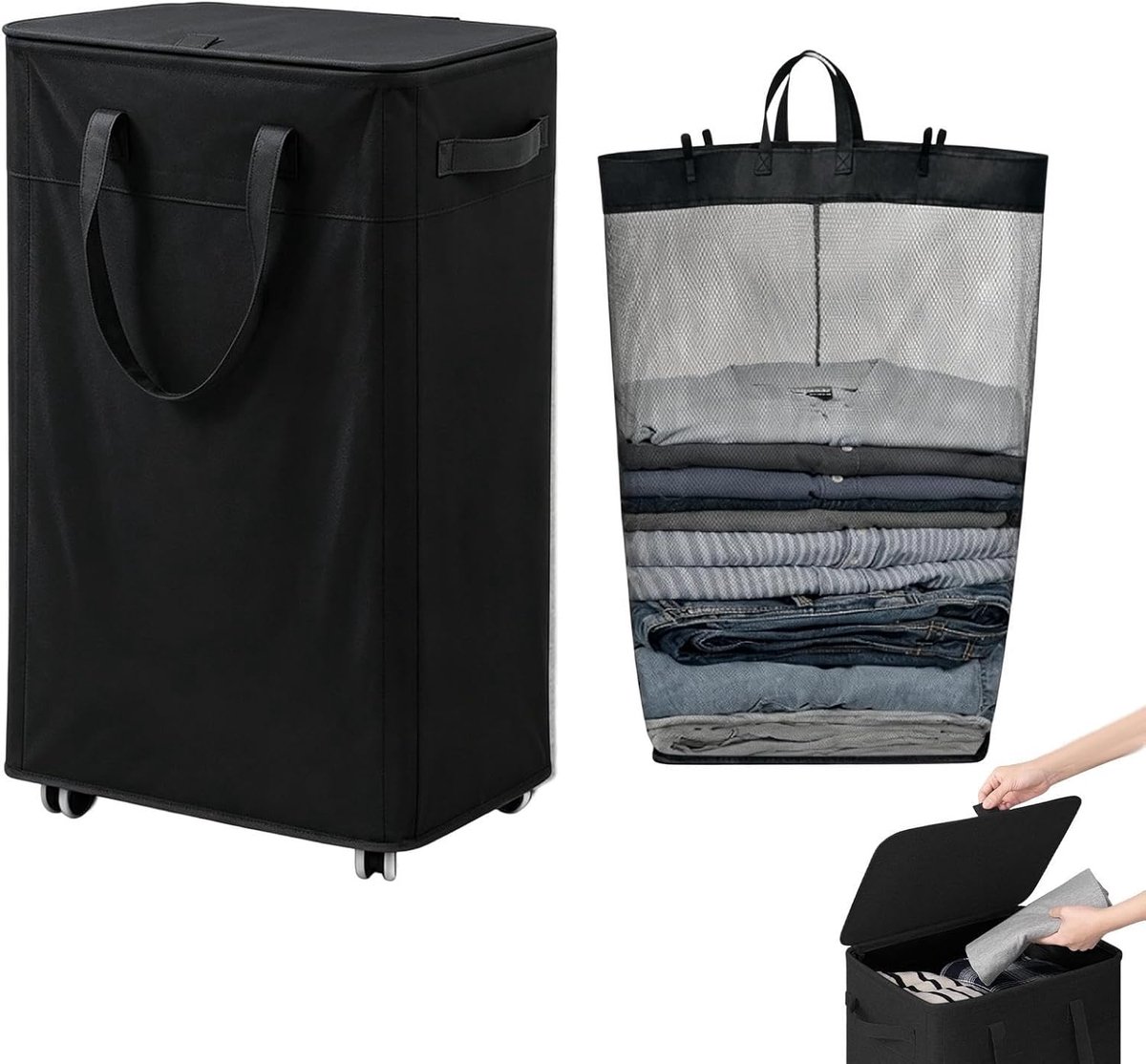 Wasmand Met Wielen Opbergmand Wassen Organiseren Uitneembare Waszak 75 Liter Zwart