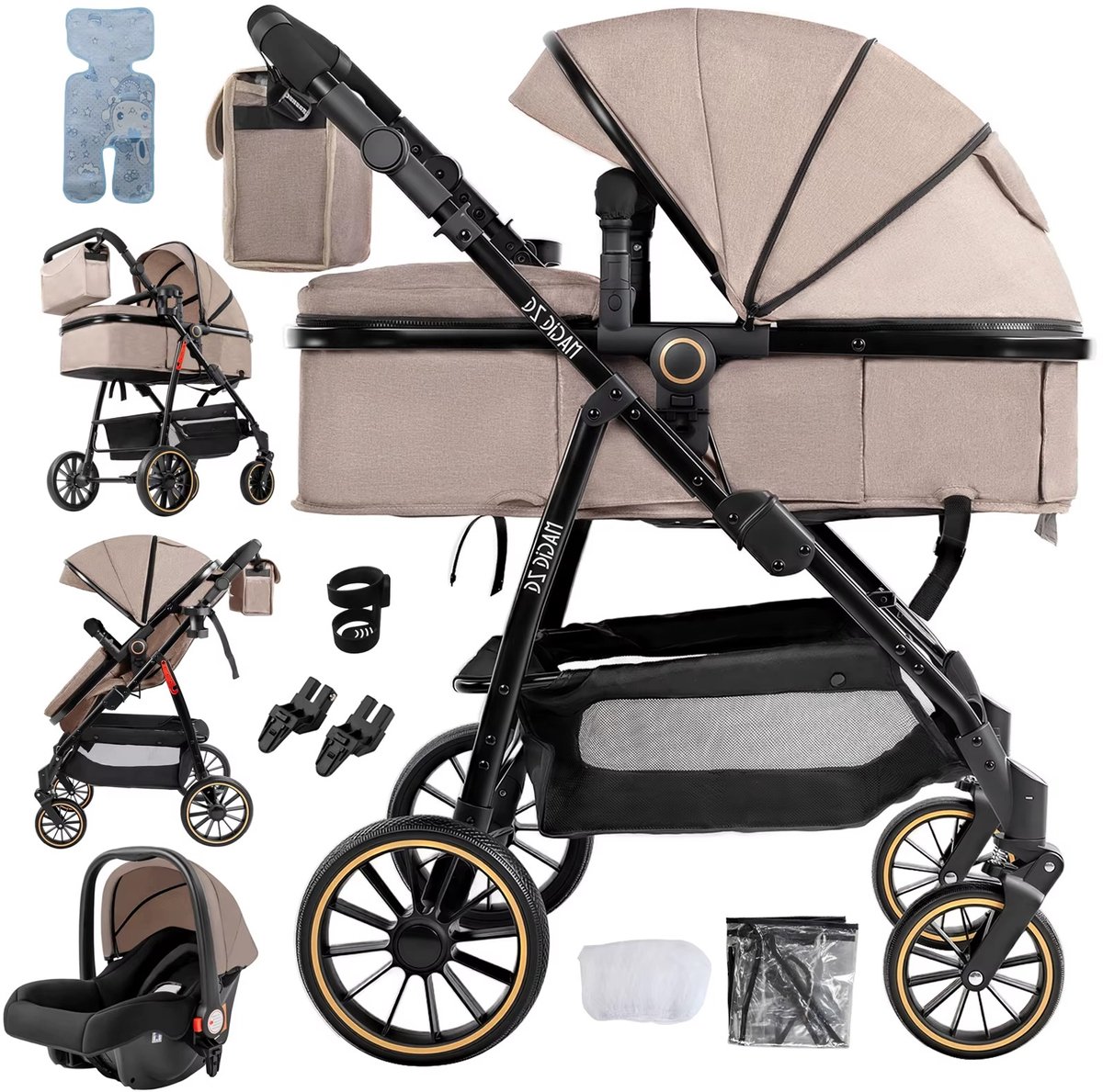 CreateEcom kinderwagen - Buggy - Wandelwagen - Multifunctioneel - 3-in-1 - incl. autostoel - Lichtgewicht - 0-20kg - Khaki