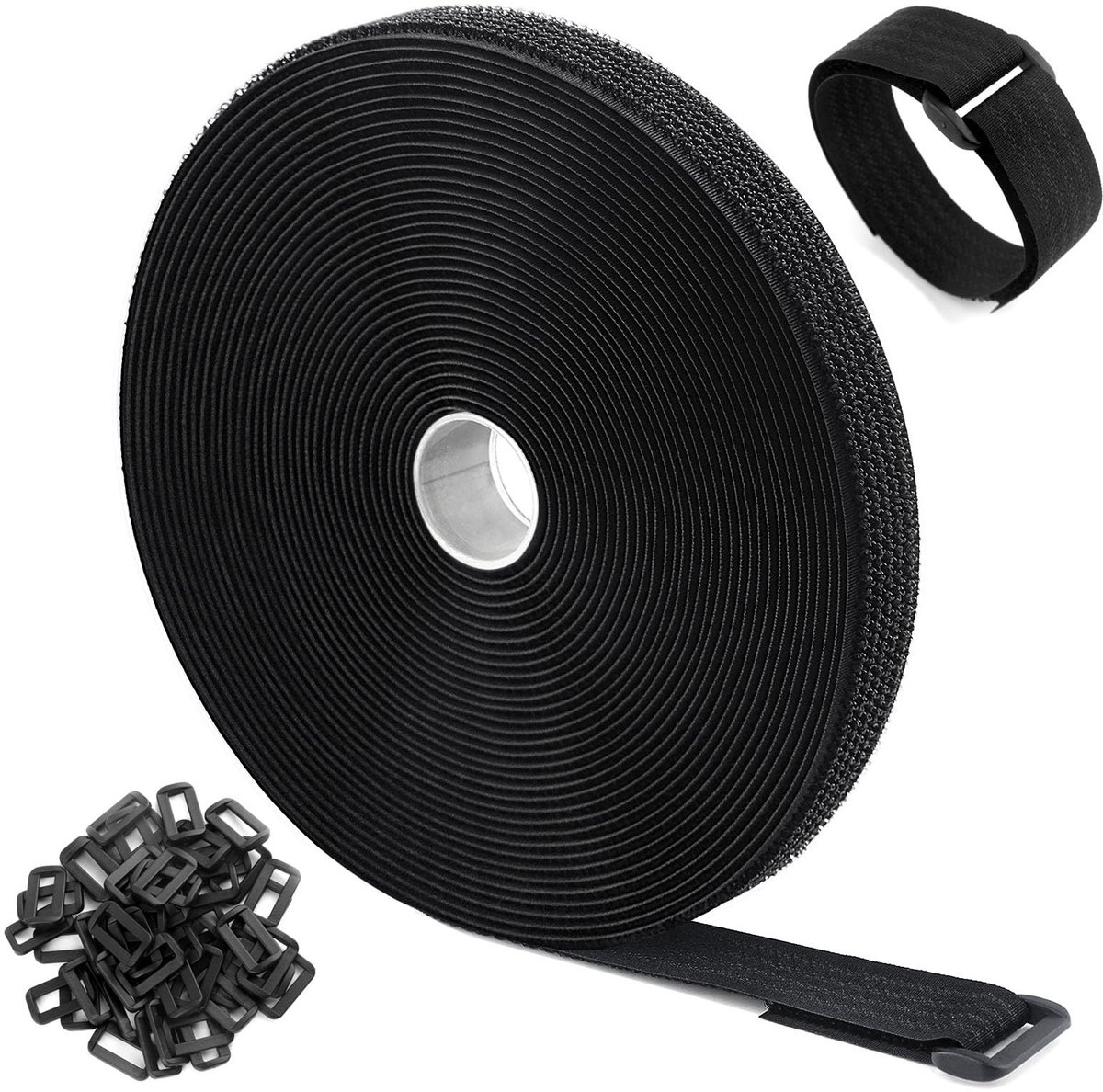 Dailygoods- Klittenband 10 m x 2,5 cm - Klittenband zelfklevend - Klittenband kabelbinder - Klittenband hersluitbaar - Klittenband met gespen - Vrije snijlengte - Haak-en-lusband