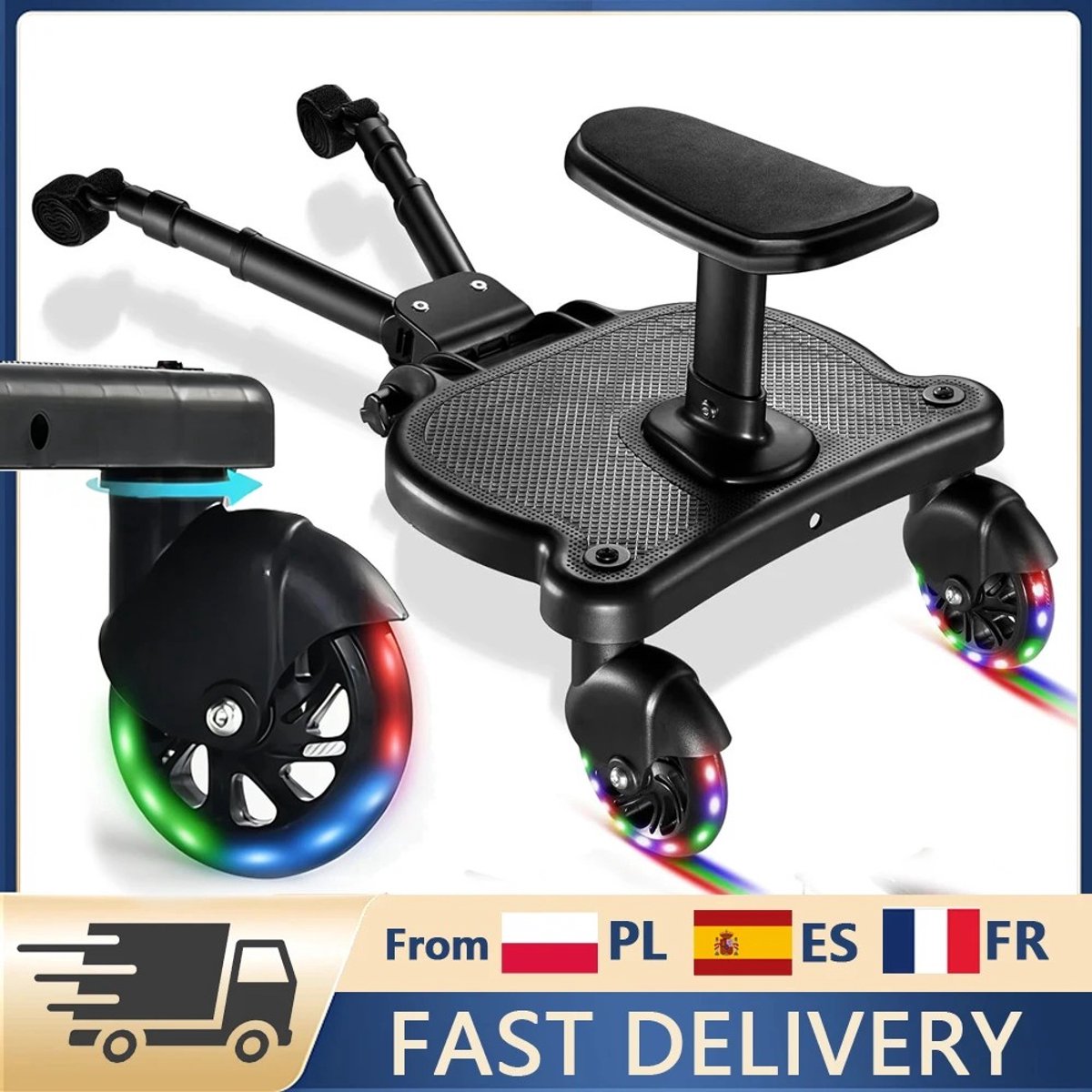 Dailygoods Universele kinderwagen opstapplank met lichtgevende knipperende wielen 2-in-1 zit- en sta-opstap voor tweelin