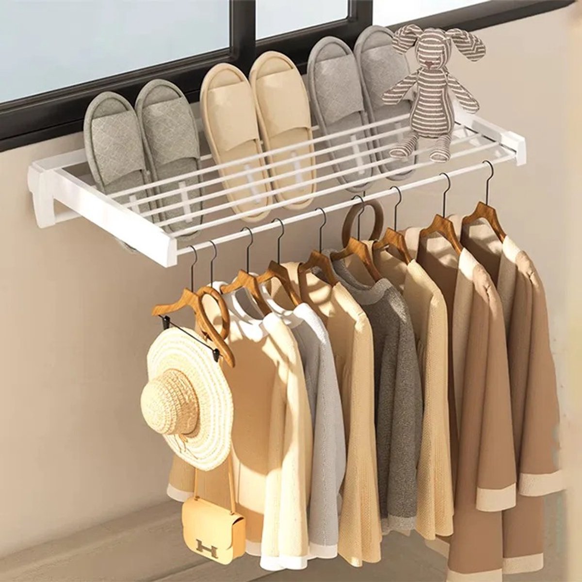 Dailygoods Modern minimalisme opvouwbaar rek kleding wasrek opvouwbare wandgemonteerde hanger 7 droogstangen plank