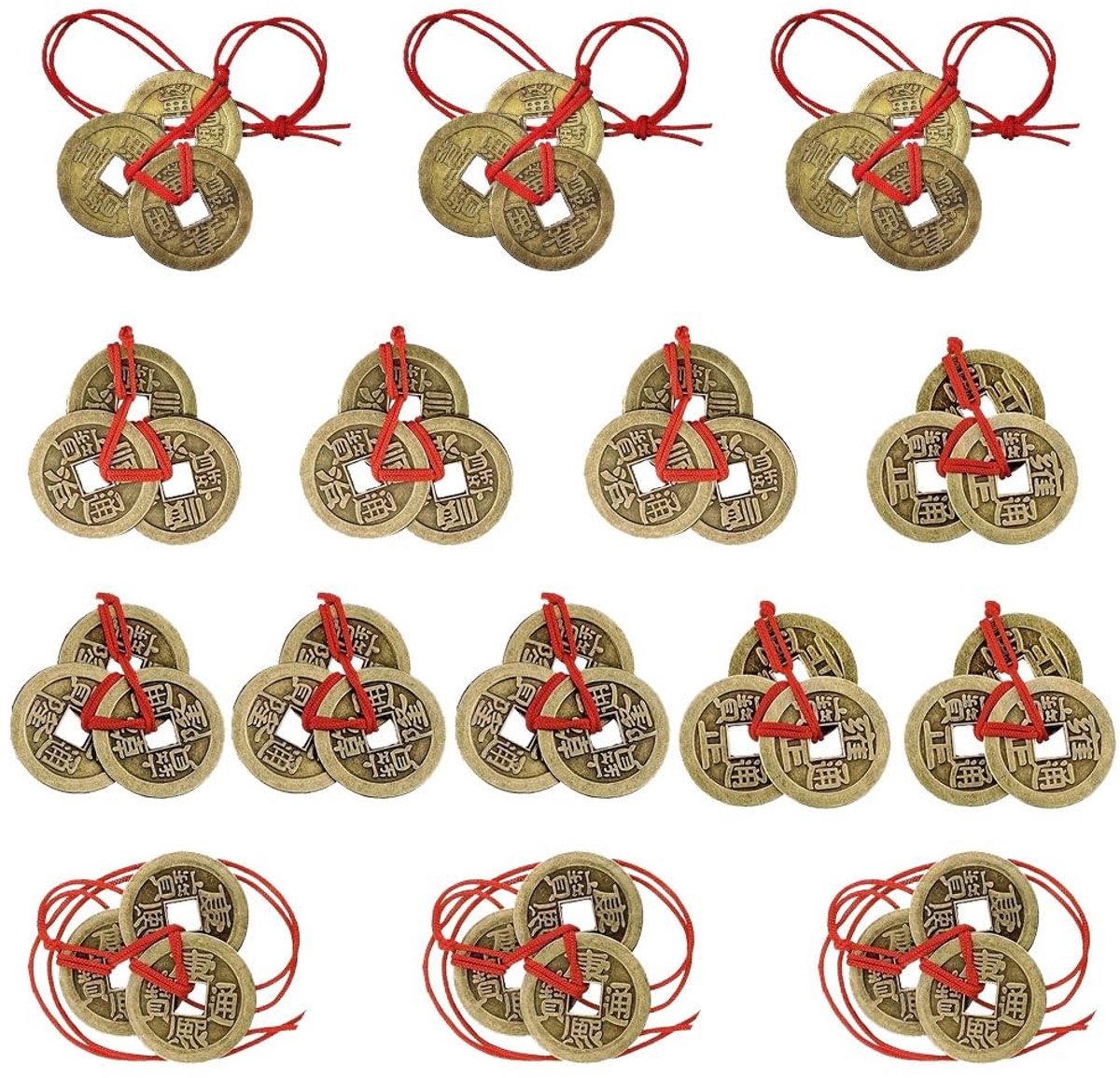Dailygoods- Geluksmunten Set van 15 - Traditionele Munt - Feng Shui Munt - Rood Koord - Massief Koper - Decoratie voor Huis
