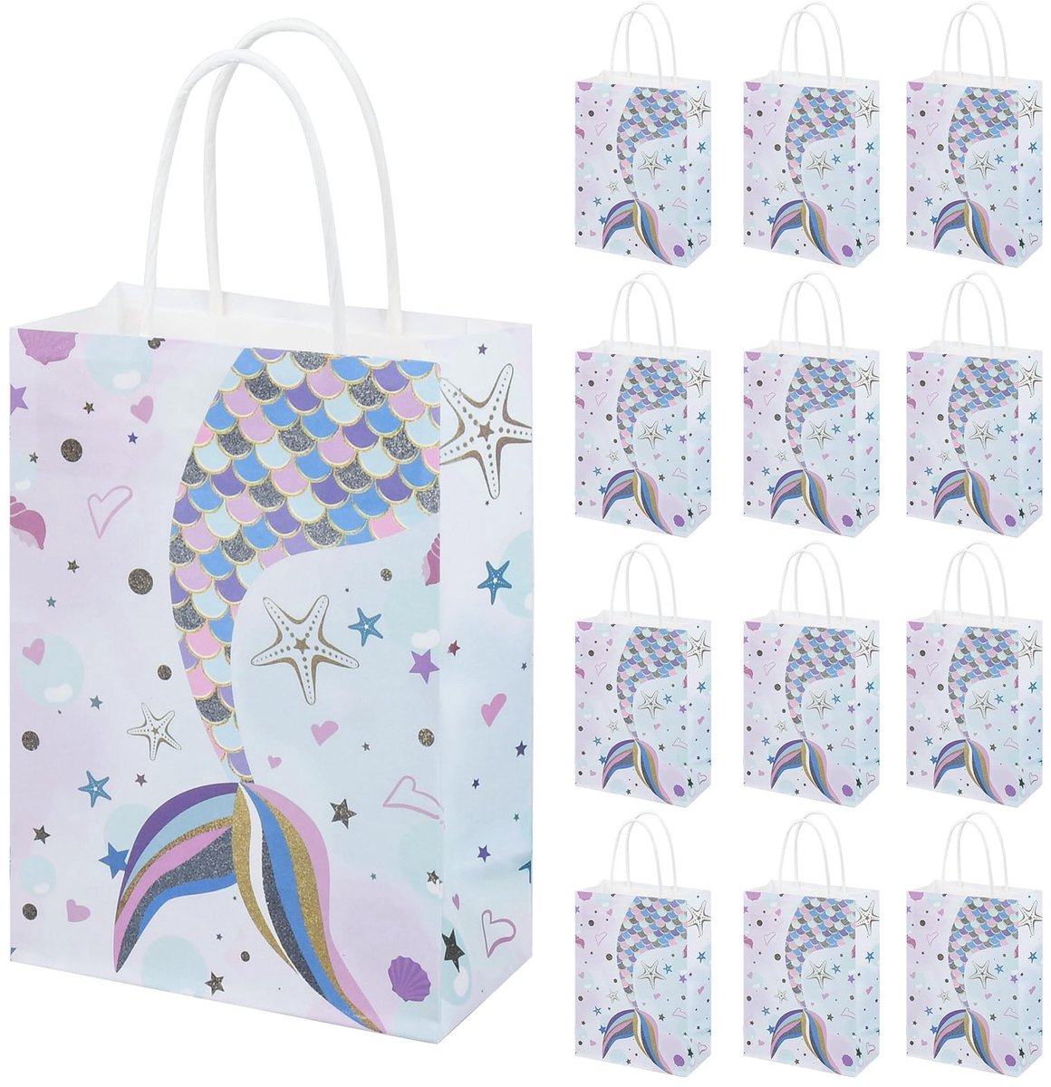 Dailygoods- Feestzakken 12 Stuks - Zeemeermin Dessin - Kraftpapier - 15 x 8 x 21 cm - Duurzaam - Perfect voor Verjaardagen/Bruiloften - Geschenkzakjes