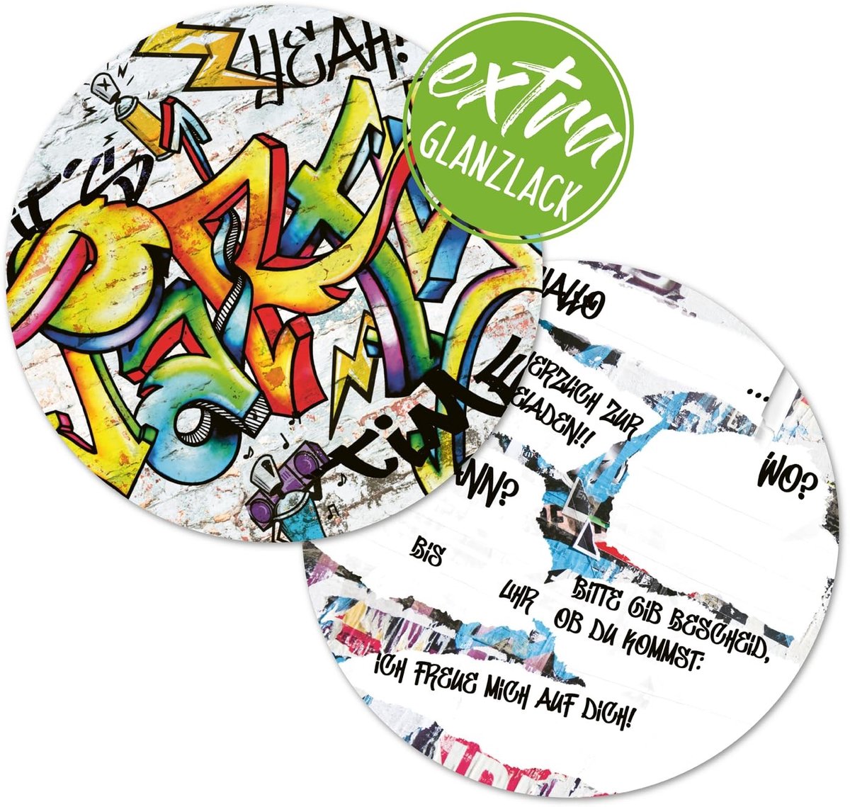 Dailygoods- Uitnodigingskaarten 12 stuks - Verjaardagsuitnodigingen - Kinderfeestje - Graffitikaarten - Eenvoudig in te vullen - Diameter 14,8 cm - Feestkaarten