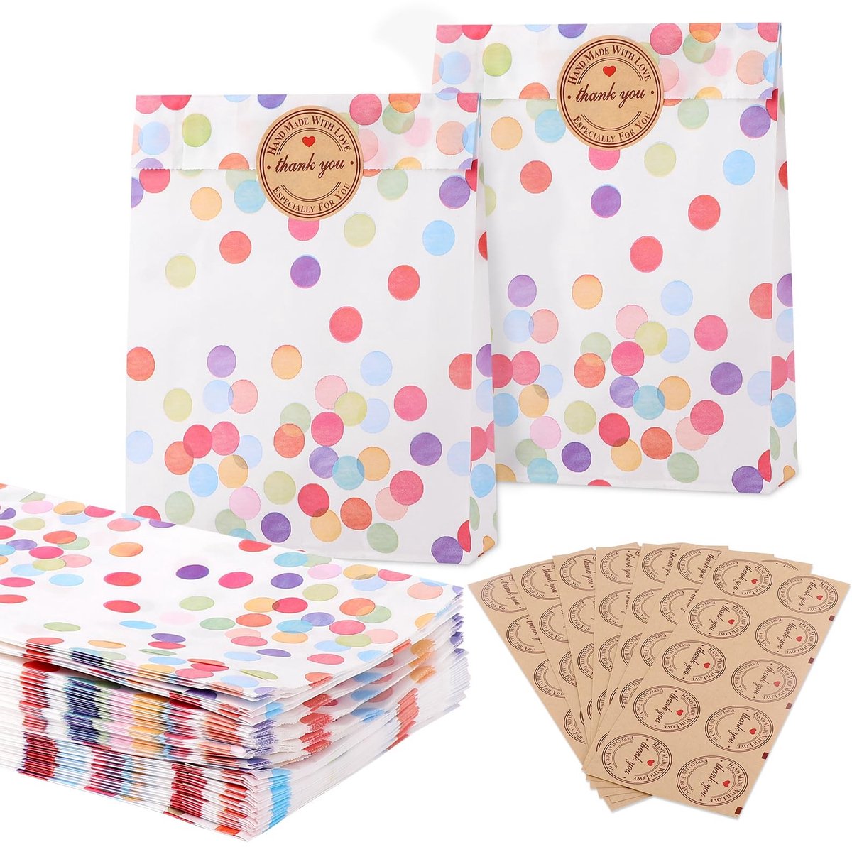 Dailygoods- Cadeauzakjes 70 stuks - Papieren zakjes met stippen - Voedselveilig materiaal - Bedankstickers - Kleurrijk ontwerp - Gastgeschenk voor kinderverjaardag - Feestzakjes