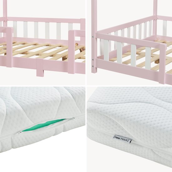 Collage: roze kinderbed frame, matras met open rits en detail van de matras.
