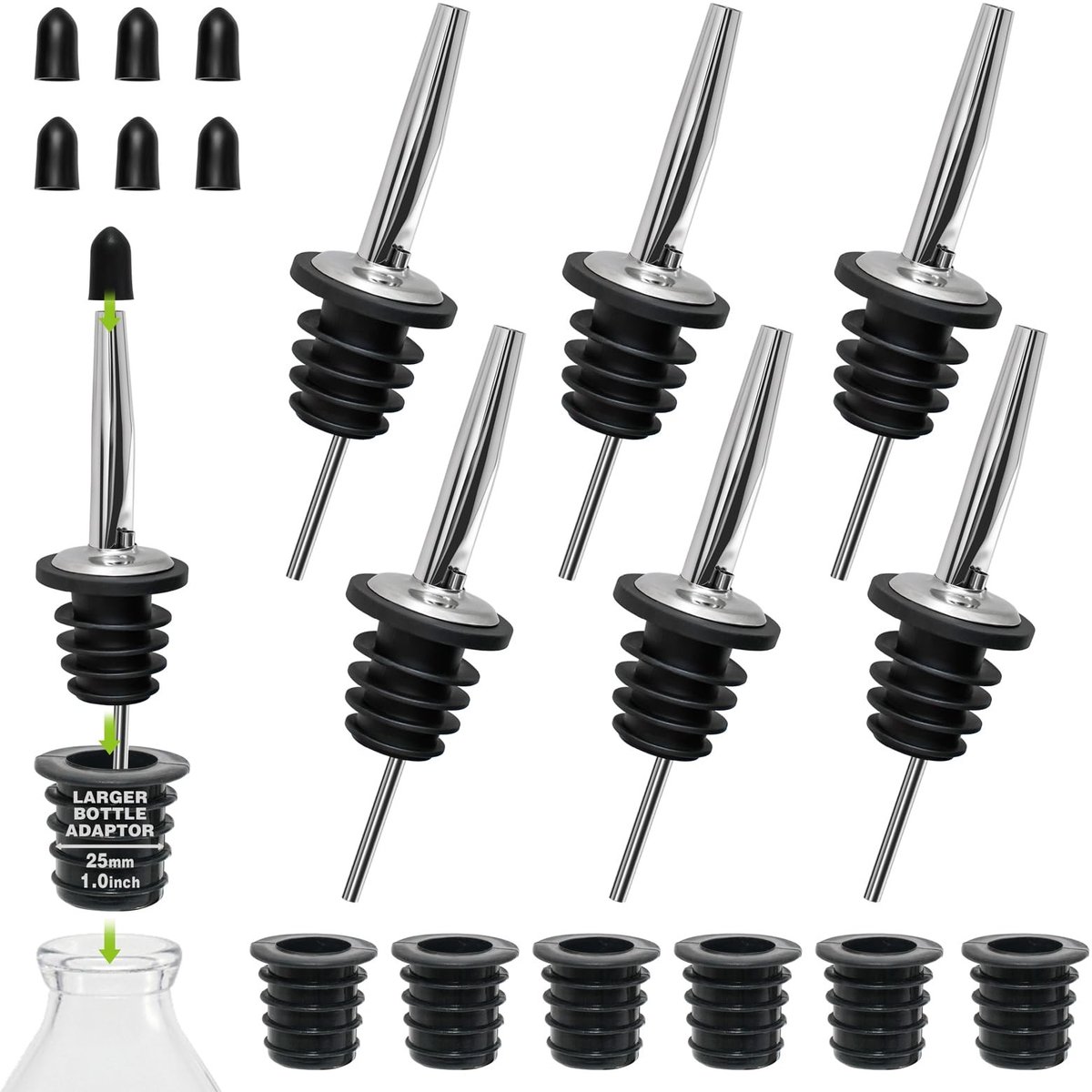 Dailygoods- Flessenschenktuit 6 Stuks - Schenktuit Olieflessen - Schenktuit Wijn - Schenktuit Sterke Drank - Antilek Ontwerp - Roestvrij Staal en Rubber