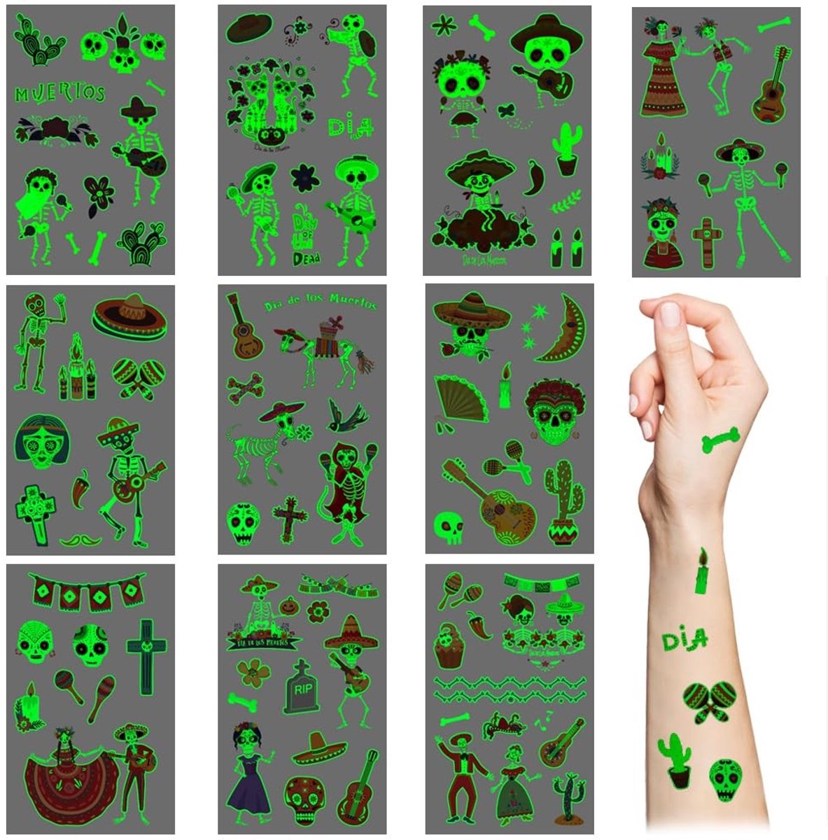 Solidchoice - 10 vellen lichtgevende Mexicaanse Fiesta-tatoeagestickers, in het donker oplichtend, suikerschedel-skelet, cactus-tatoeageset voor kinderen, meisjes, jongens, Halloween-feestaccessoires