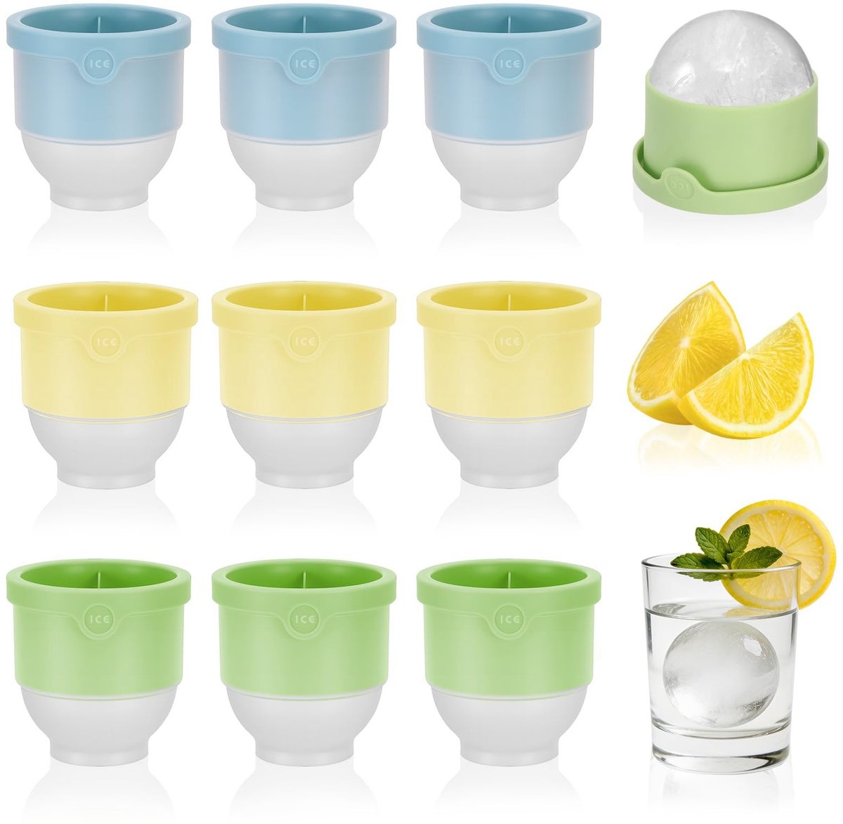 Solidchoice - Hejo 9 stuks grote ijsblokjesvormen, 6 cm, siliconen ijsblokjesvorm, rond, herbruikbare ijsblokjesvorm, bal voor whisky, koffie, dranken en cocktails, gemakkelijk los te maken (blauw, geel, groen)