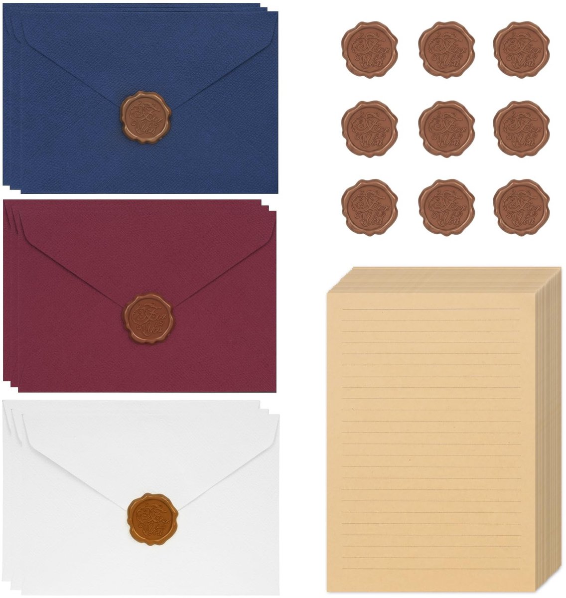 Dailygoods- Briefpapier Vintage Set - 20 Vellen A5 - 9 Kraftpapier Enveloppen - Antieke Waszegels - Perfect voor Liefdesbrieven - Schrijfervaring - Schrijfset