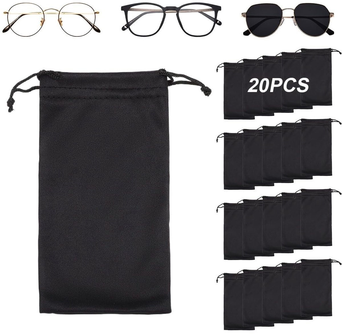 Dailygoods- Brillentas 20 Stuks - Zachte Zonnebriltas - Microvezeltas - Brillenzakje met Trekkoord - Ideaal voor Zonnebrillen - Beschermend en Lichtgewicht - Zonnebrilhoes