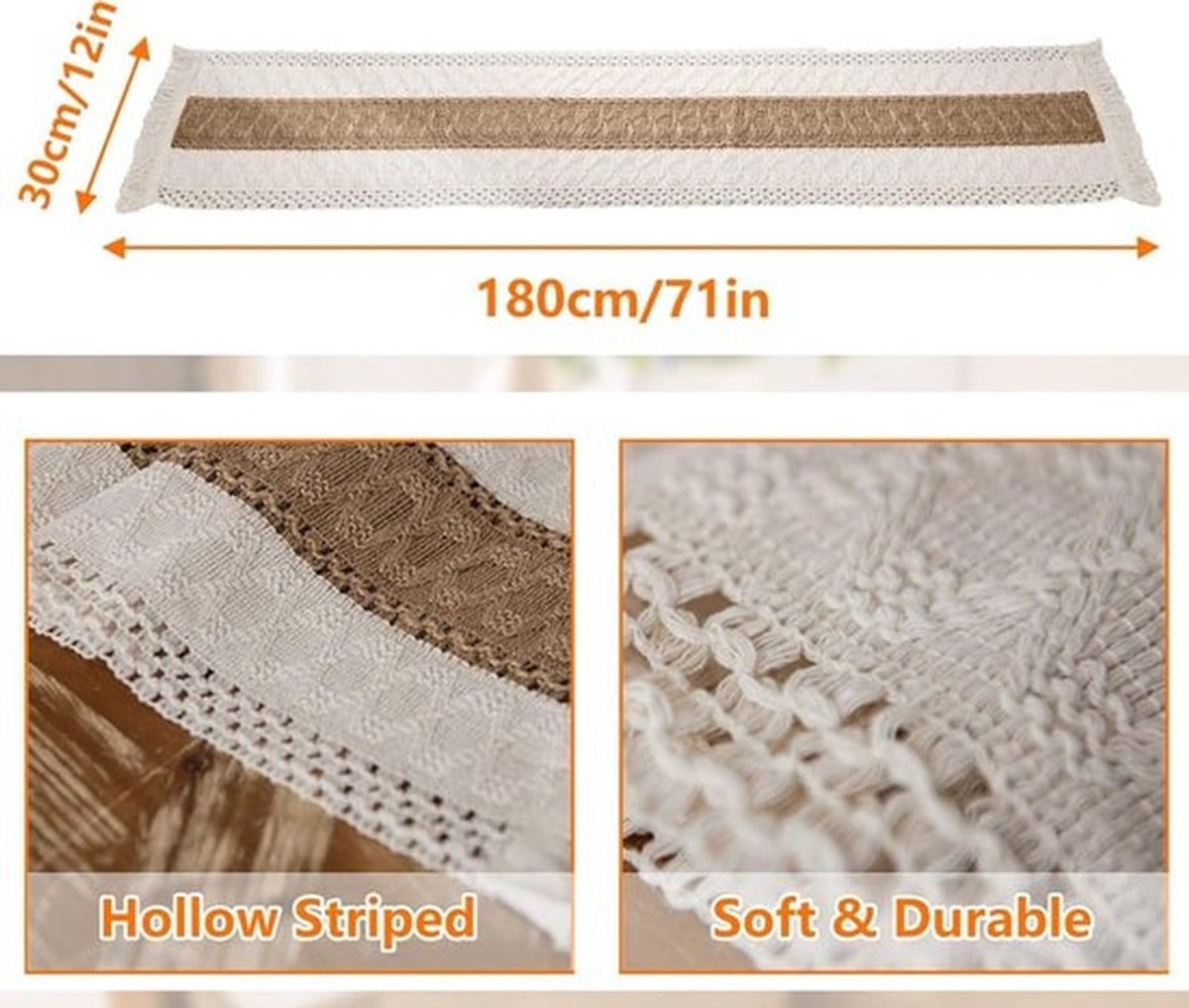 Tafelloper van linnen in beige - vintage design met macramé en kwastjes - afwasbaar - ideaal voor landhuisstijl, bruiloft en feest - 30 x 180 cm