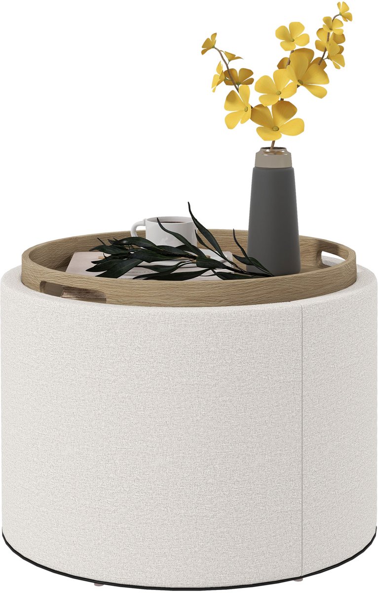 Gestoffeerde kruk - linnen - verborgen opbergruimte - omkeerbaar deksel - 56 cm x 56 cm x 42 cm - crème + naturel