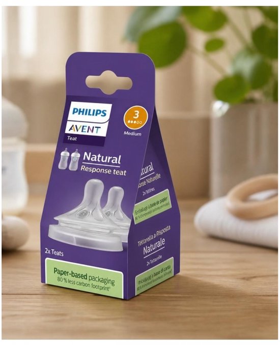 Philips Avent Natural Response tétine, taille 3, 2 pièces. Emballage violet avec texte vert.