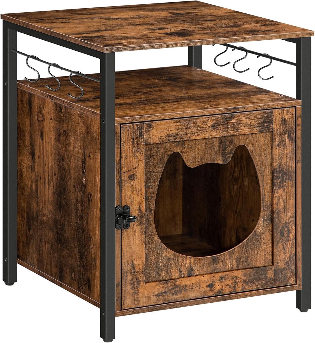Home & Beyond® Kattenbakombouw - Kattenbakmeubel met Kattenkop Ingang - Kast met 6 Haken - Donkerbruin - 50x50x66 cm