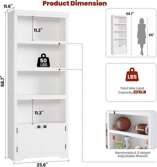 Afmetingen en details van witte boekenkast: 68,7" hoog, 23,6" breed, 11,6" diep. Maximale draagkracht 225LB. Verstelbare planken.