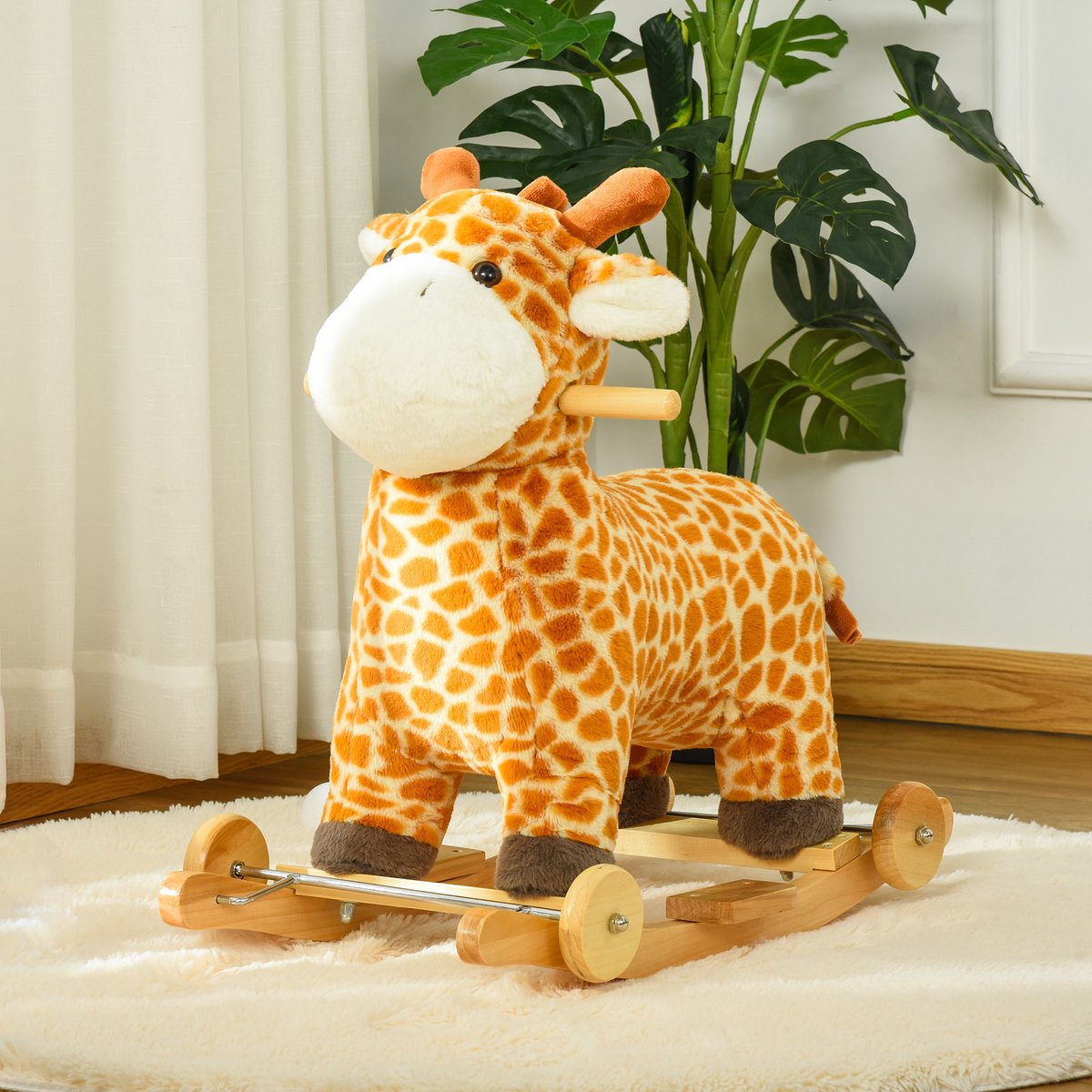 TEKROA® Kinderschommelpaard - 2-in-1 - Pluche Rijden op Giraffe Schommelstoel - met Wielen Houten Onderstel Dierengeluiden - voor 3-6 jaar