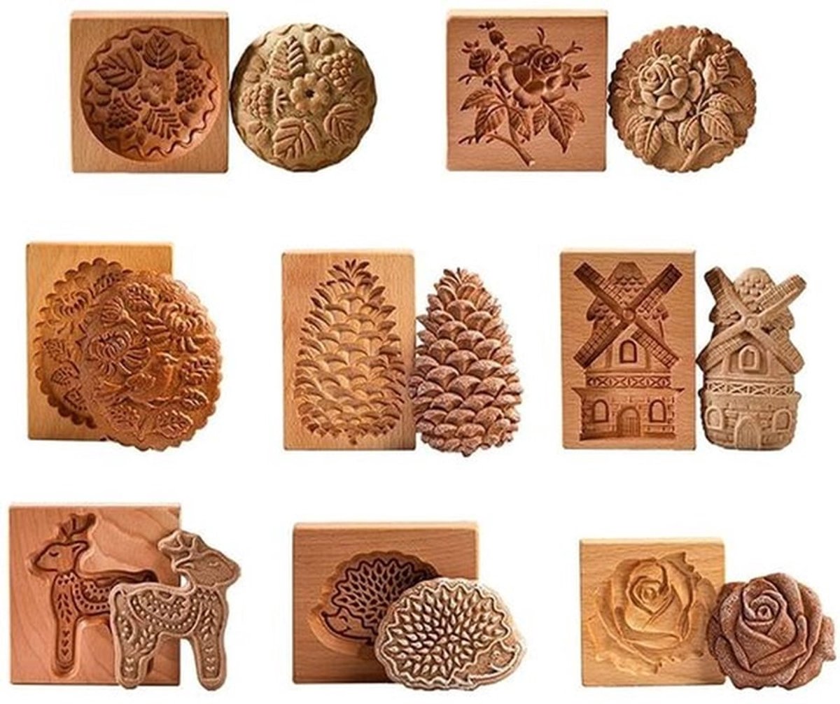 Koekjesvorm Houten - Herbruikbare Bakvorm - Berkenhout - Geschikt voor Koekjes/Peperkoek - Gemakkelijk Schoon te Maken - Leuke Patronen