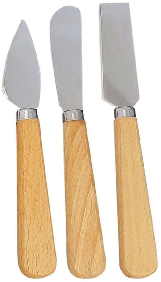 Kaasmessen Set - Roestvrij Stalen Kaasmessen - Houten Boterapplicator - Multifunctioneel Gereedschap - 3 Stuks - 17,5 cm en 16,5 cm - Kaasmes
