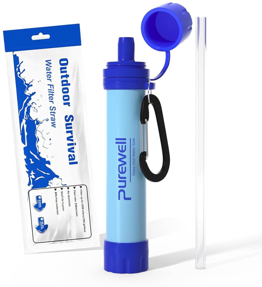 Waterfilter survival - Blauw - Draagbaar ultrafijnfilter 0,01 micron - BPA-vrij plastic - Voor outdoor en noodsituaties