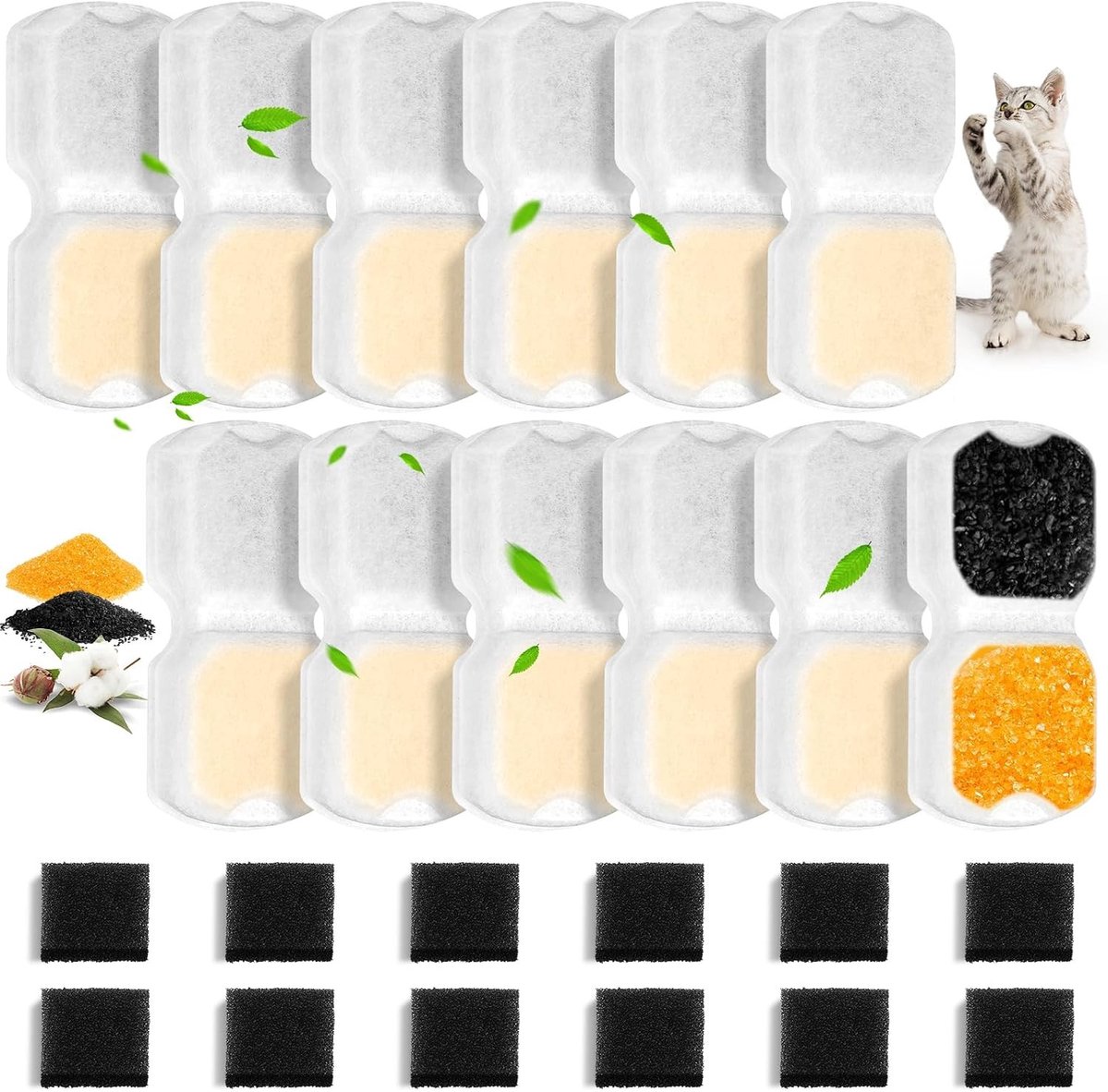 Waterfontein voor kat - Vervangingsfilters en Sponzen - 12 Stuks Filters en 12 Schuimfilters - Voor Diverse Drinkfonteinen - Voor Katten