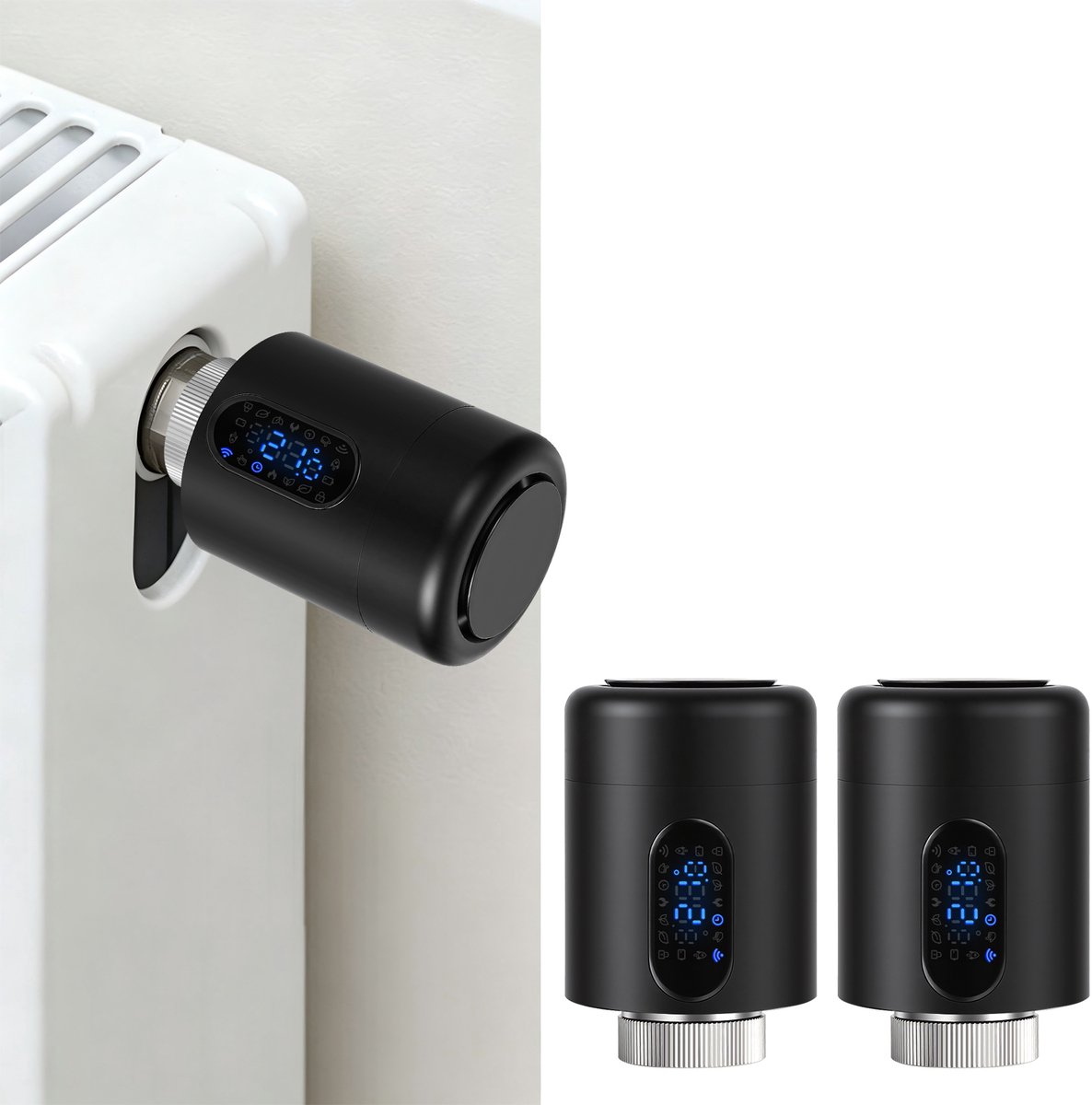 Radiator Thermostaat WiFi – Raamdetectie, Vorstbeveiliging en Kinderslot – Zwart – 2-pack