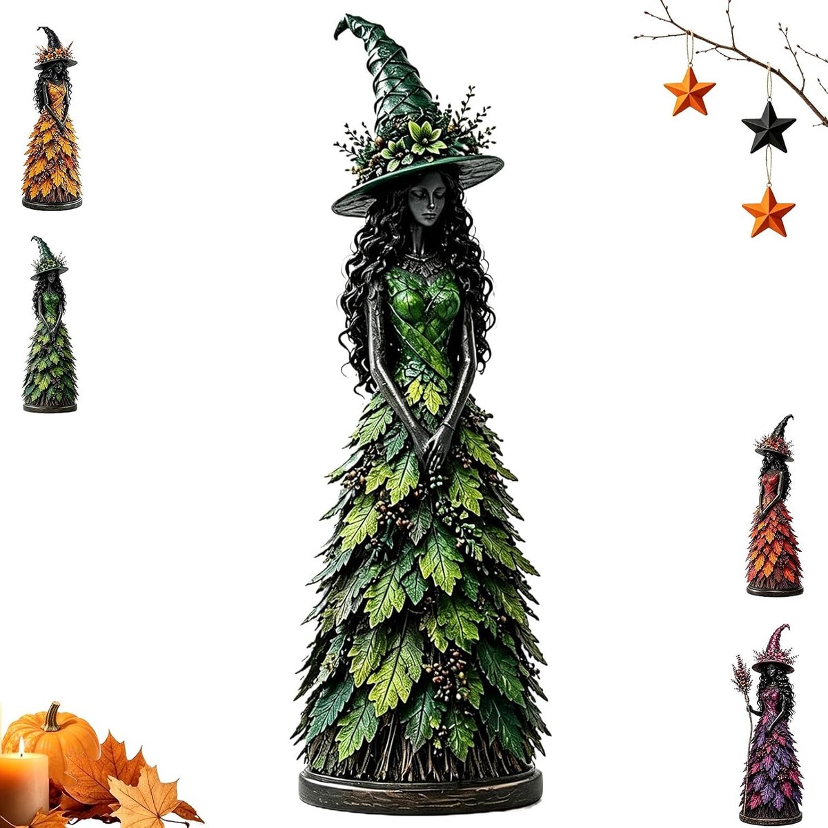 Halloween heksenbeeldje van hars, gotisch heksfiguur in maxi-jurk met bladpatroon, herfst decoratie, hoogte 17 cm, voor schoorsteenmantel, tafelblad en woonkamer, cadeau voor liefhebbers van Halloween-decoratie Groen