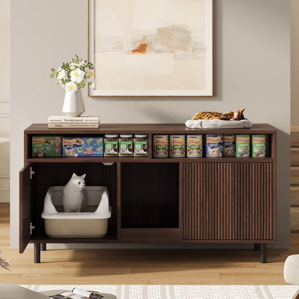 Kattenhuizen - 120x50x66cm - kattenbakmeubel met zandvanger - Gratis Sandfangmatte - Kattenhuis - Katzentoiletten-Schrank – kast – Kattenbakmeubel - Walnootkleurige houtkleur