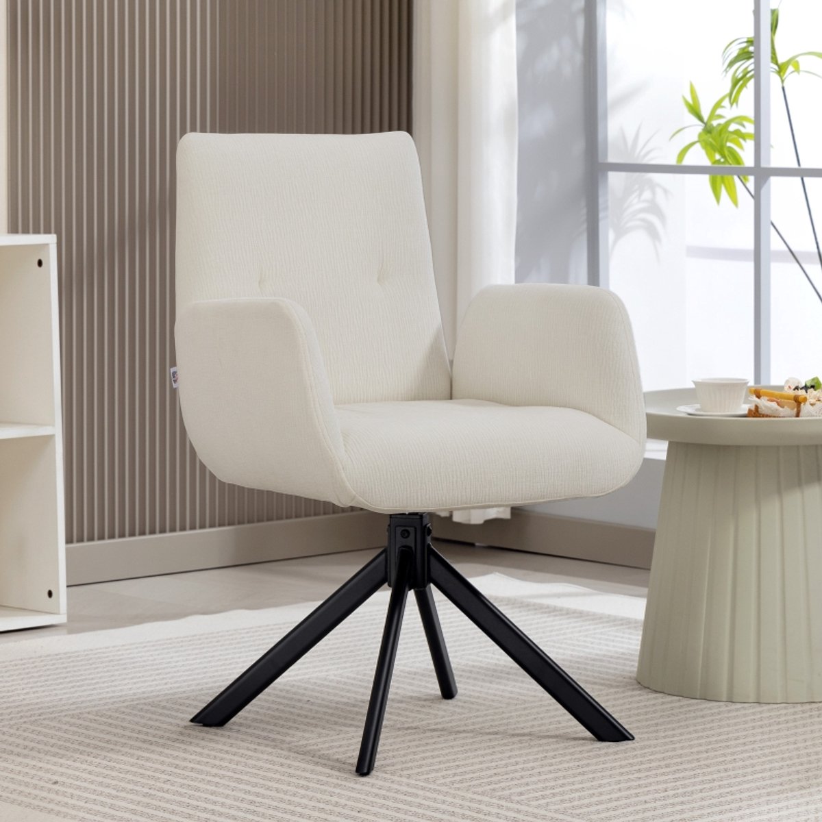REDOM - Fauteuil - 360° draaibare zitting - gecapitonneerde rugleuning met armleuningen - metalen onderstel - moderne stijl - polyester - Crèmewit - 60 x 61 x 88 cm