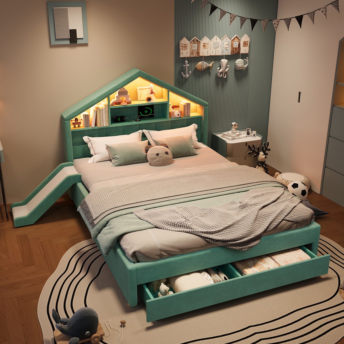 OKWISH Kinderbed 140x200 Cm - Huisbed Met Glijbaan En LED Verlichting - Met Lade En Opbergruimte - Voor Kinderen - Stof - Blauwgroen - Zonder Matras