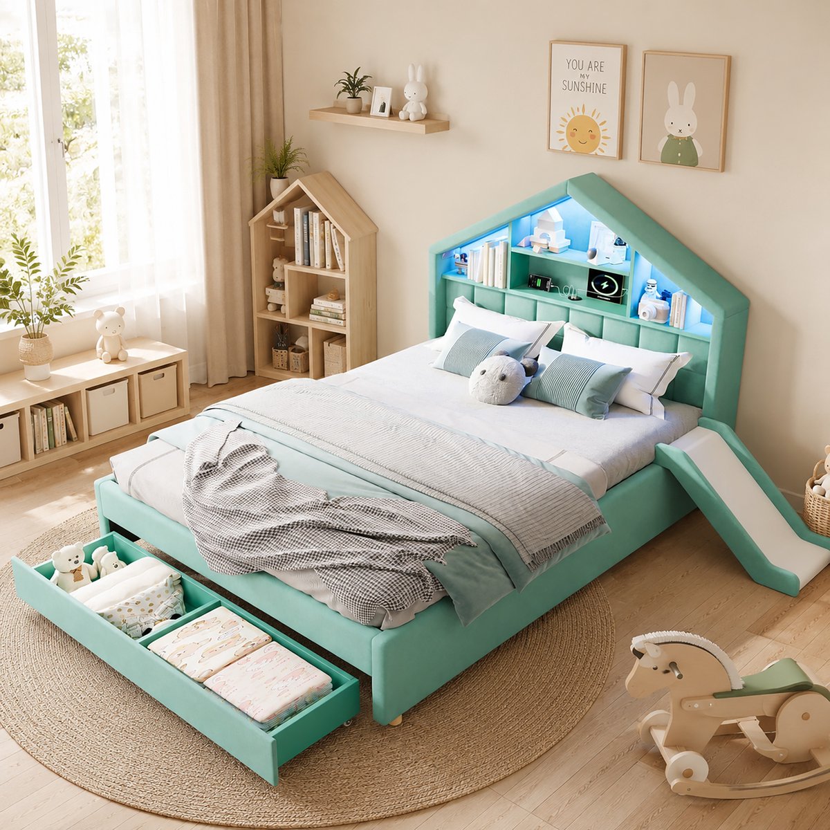 STILVORA Kinderbed 140x200 cm Zonder Matras – Gepolsterd Huisbed Met Glijbaan En Ledverlichting – Hoofdbord Met Opbergvakken En Bedkast – Voor Kinderen – Blauwegroen