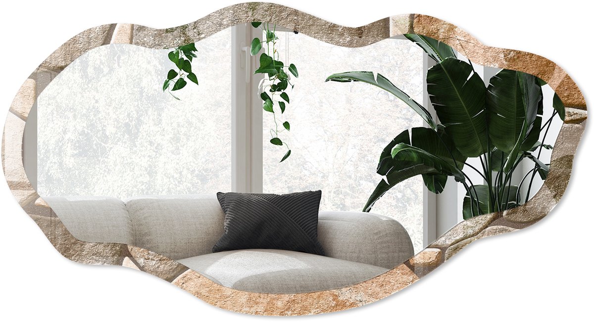 Wallfluent Mozaïek Van Steen Spiegel - Bruin Elegante Rechthoekige Wandspiegel - Organische Spiegel - Hal, Woonkamer, Kantoor - Rustiek - 45x90 cm - Totale afmeting 52x97 cm
