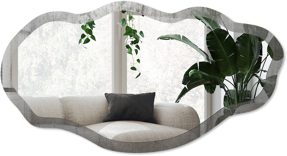 Wallfluent Metaalachtige Textuur Spiegel - Grijs Moderne Rechthoekige Wandspiegel - Organische Spiegel - Woonkamer, Kantoor, Hal - Industrieel / Loft - 45x90 cm - Totale afmeting 52x97 cm