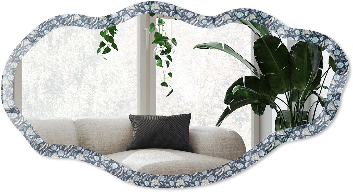 Wallfluent Plantenpatroon Spiegel - Blauw Elegante Rechthoekige Wandspiegel - Organische Spiegel - Slaapkamer, Badkamer, Woonkamer - Modern - 45x90 cm - Totale afmeting 52x97 cm