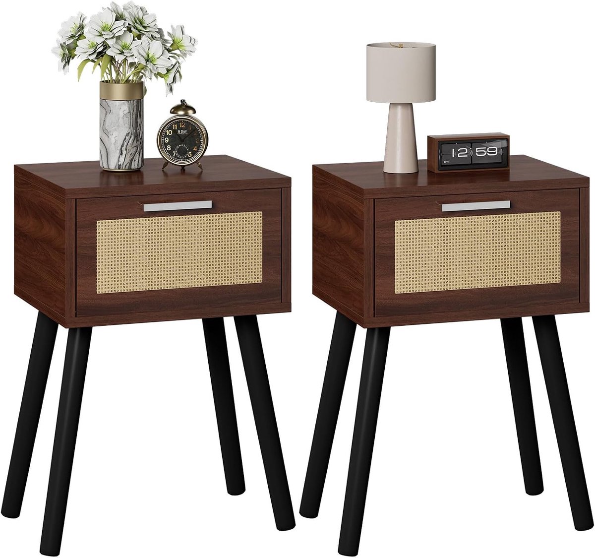 Home & Beyond® Nachtkastjes Set van 2 - Bijzettafels met Rotan Lade - Walnootkleur en Zwart - 35x27x53 cm