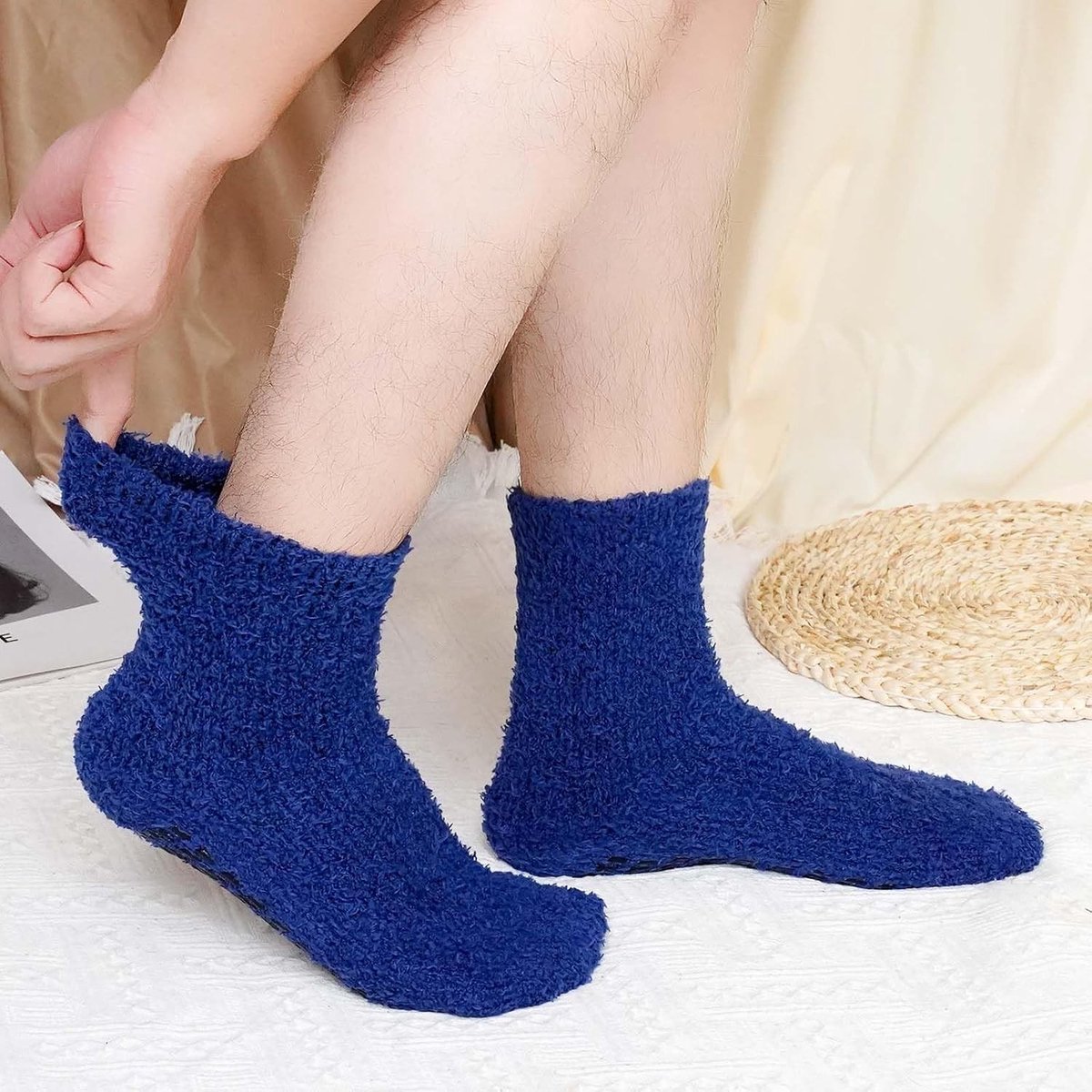Verwarmde sokken - Strepen - Maat 14-18 - Pluizige Thermische Pantoffelsokken voor Heren - Antislip en Warm