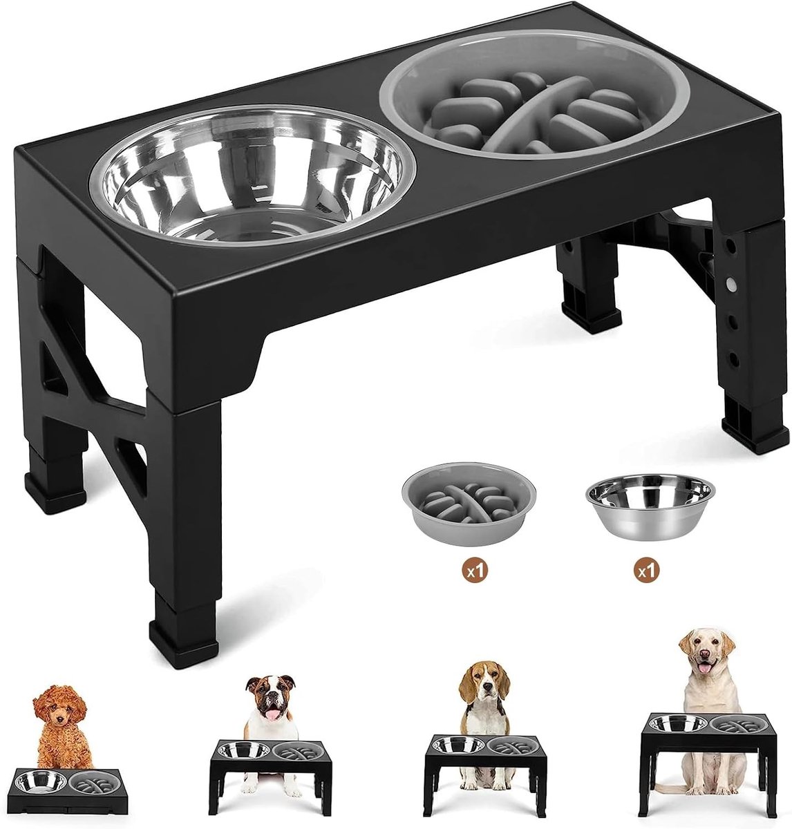 Verhoogde voerbak voor grote hond - RVS - Instelbaar 8-31 cm - Opvouwbaar en Antislip - Voor Honden en Katten