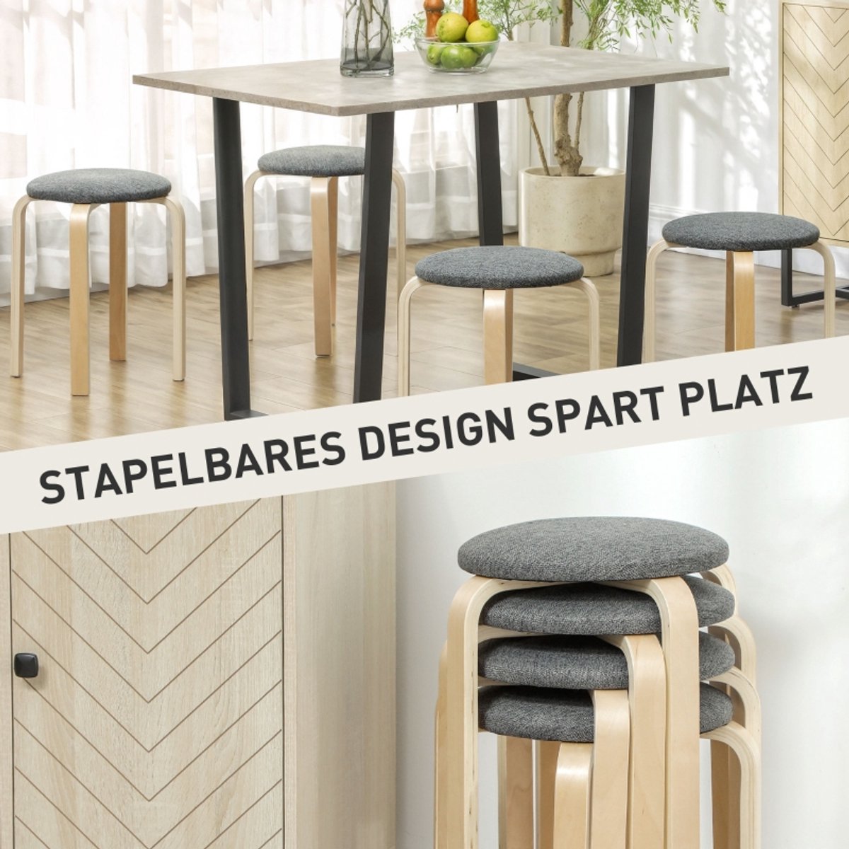 Clruro Eetkamerstoelen - 40x40x45 cm - 4 Stuks Stapelbaar - Linnenlook/Hout - Grijs