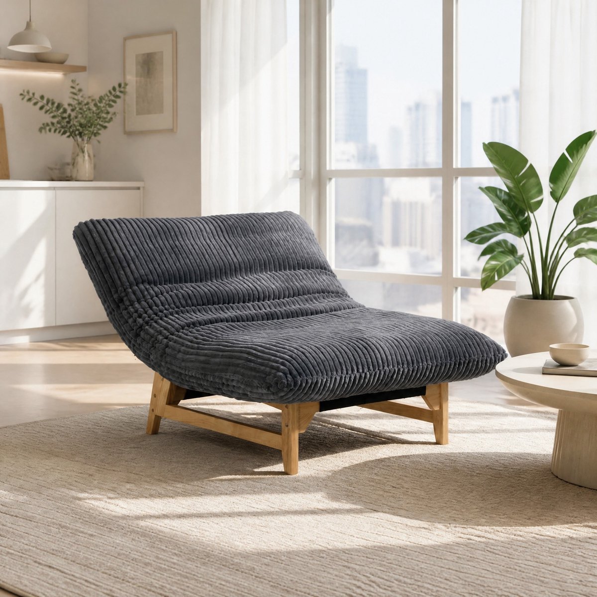 REDOM - Zitzak loungestoel - Met rugleuning - Eenpersoons zonder armleuningen - Ergonomische ondersteuning - Woonkamer en slaapkamer - Ribstof - Grijs - 110 x 74 x 60 cm