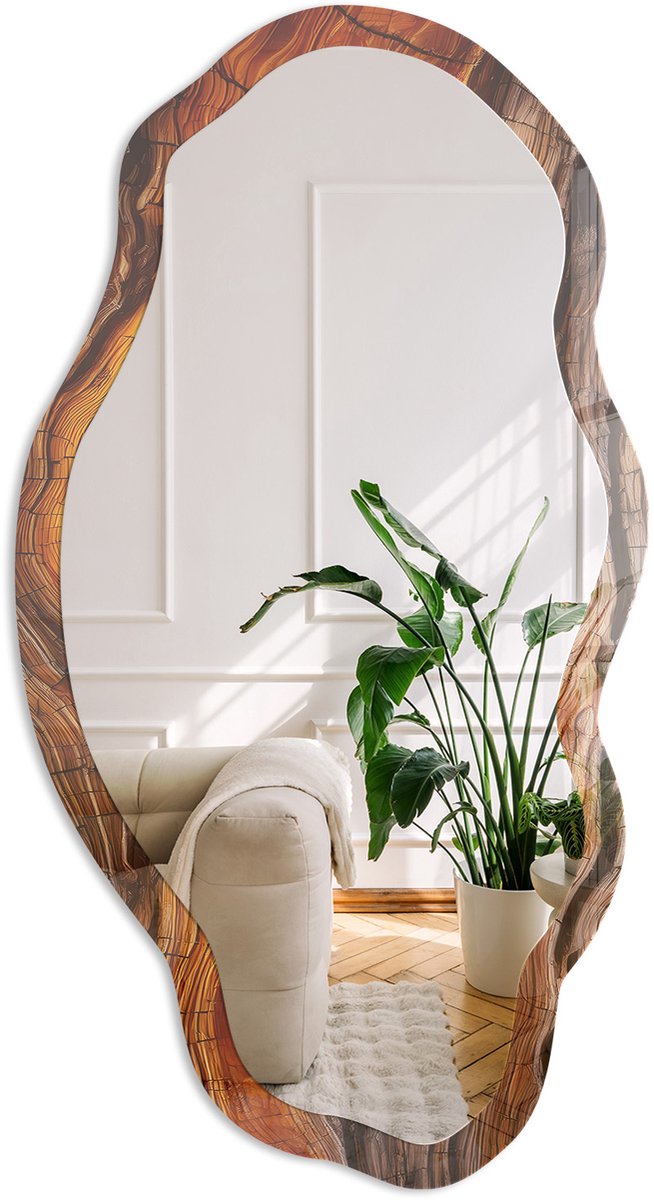 Coloray Houtstructuur Spiegel - Oranje Stijlvolle Wandspiegel - Organische Spiegel - Woonkamer, Kantoor, Slaapkamer - Rustiek - 45x90 cm - Totale afmeting 52x97 cm