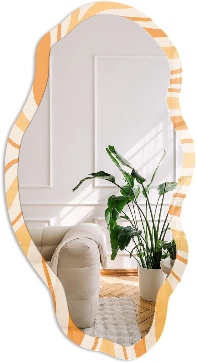 Coloray Oranje Golven Spiegel - Oranje Rechthoekige Spiegel Met Modern Design - Organische Spiegel - Woonkamer - Abstract - 45x90 cm - Totale afmeting 52x97 cm