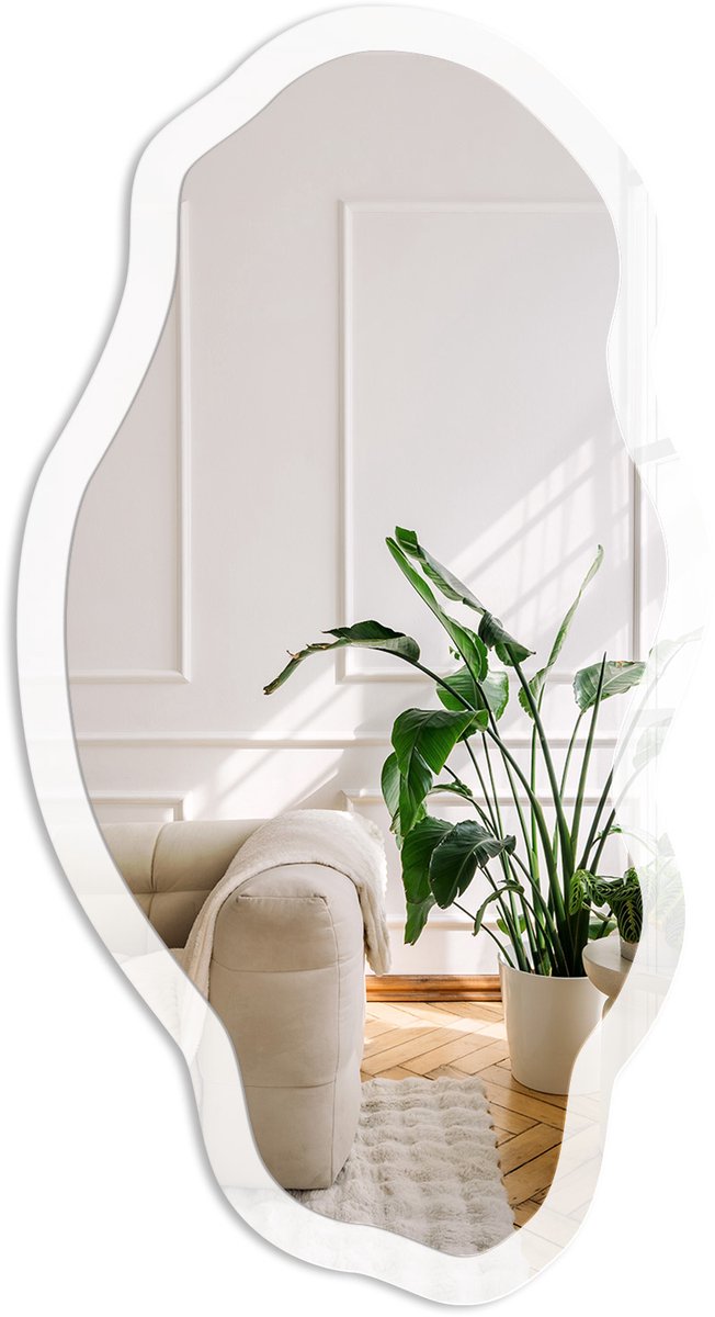 Coloray Zuiver Wit Spiegel - Wit Stijlvolle Wandspiegel - Organische Spiegel - Woonkamer, Kantoor - Klassiek - 45x90 cm - Totale afmeting 52x97 cm