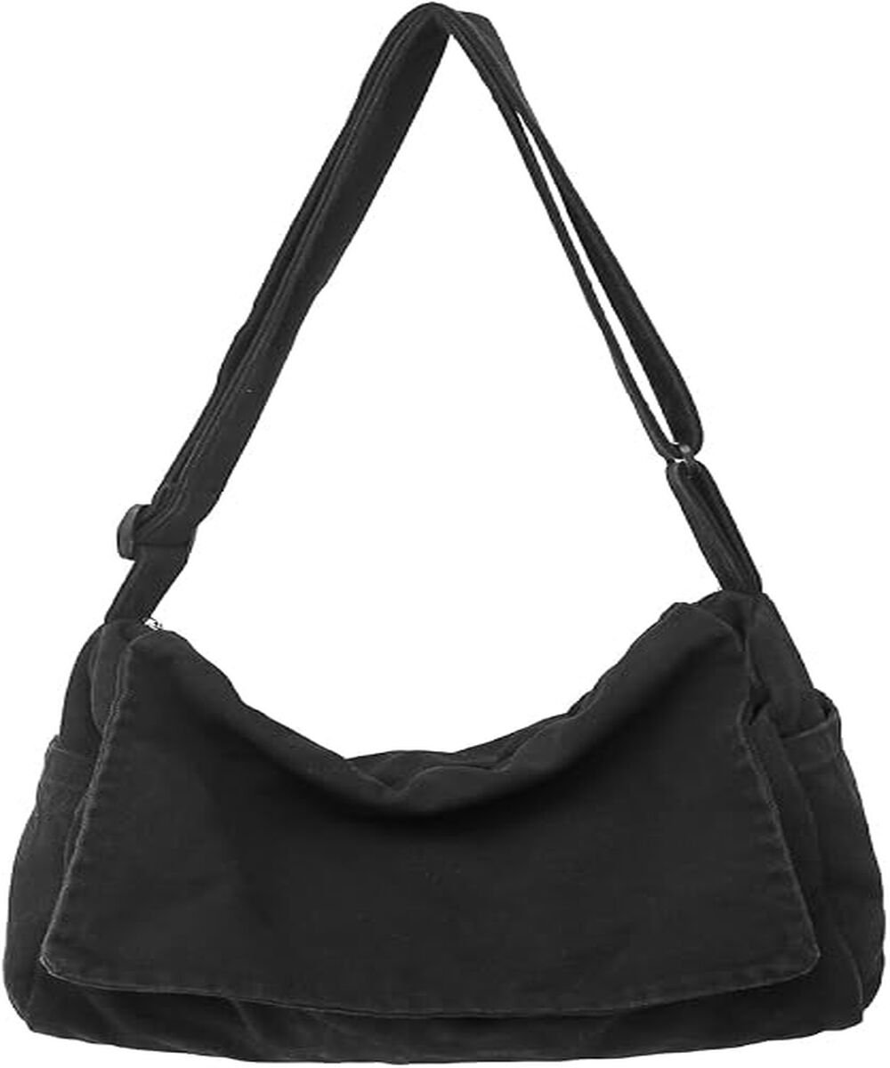 QTTVBTNA – Canvas Schoudertas voor Dames en Heren – Casual Crossbody Tas – Lichtgewicht Messenger Bag voor Werk, School, Reizen en Dagelijks Gebruik – Zwart