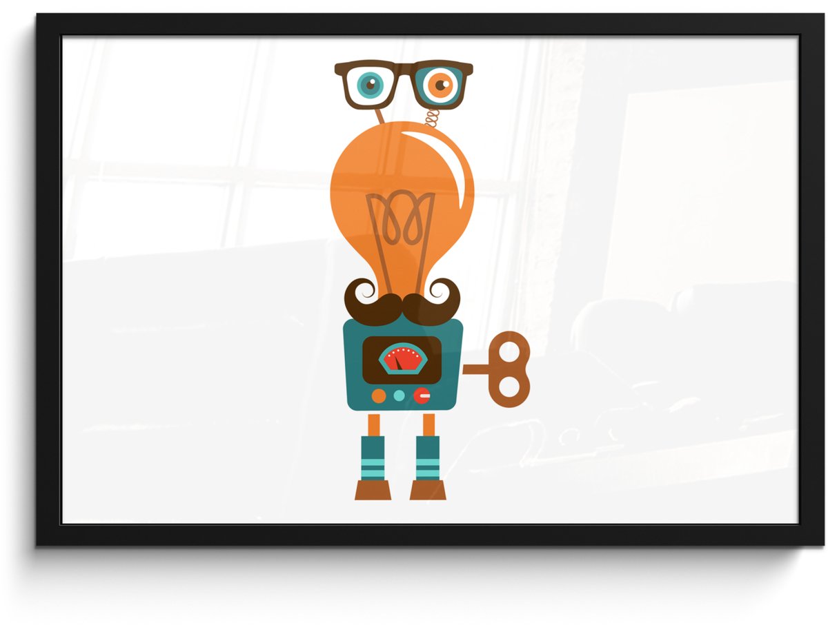 Poster in lijst - Fotolijst 60x40 cm - Posters - Robot - Bril - Gloeilamp - Snor - Kindere